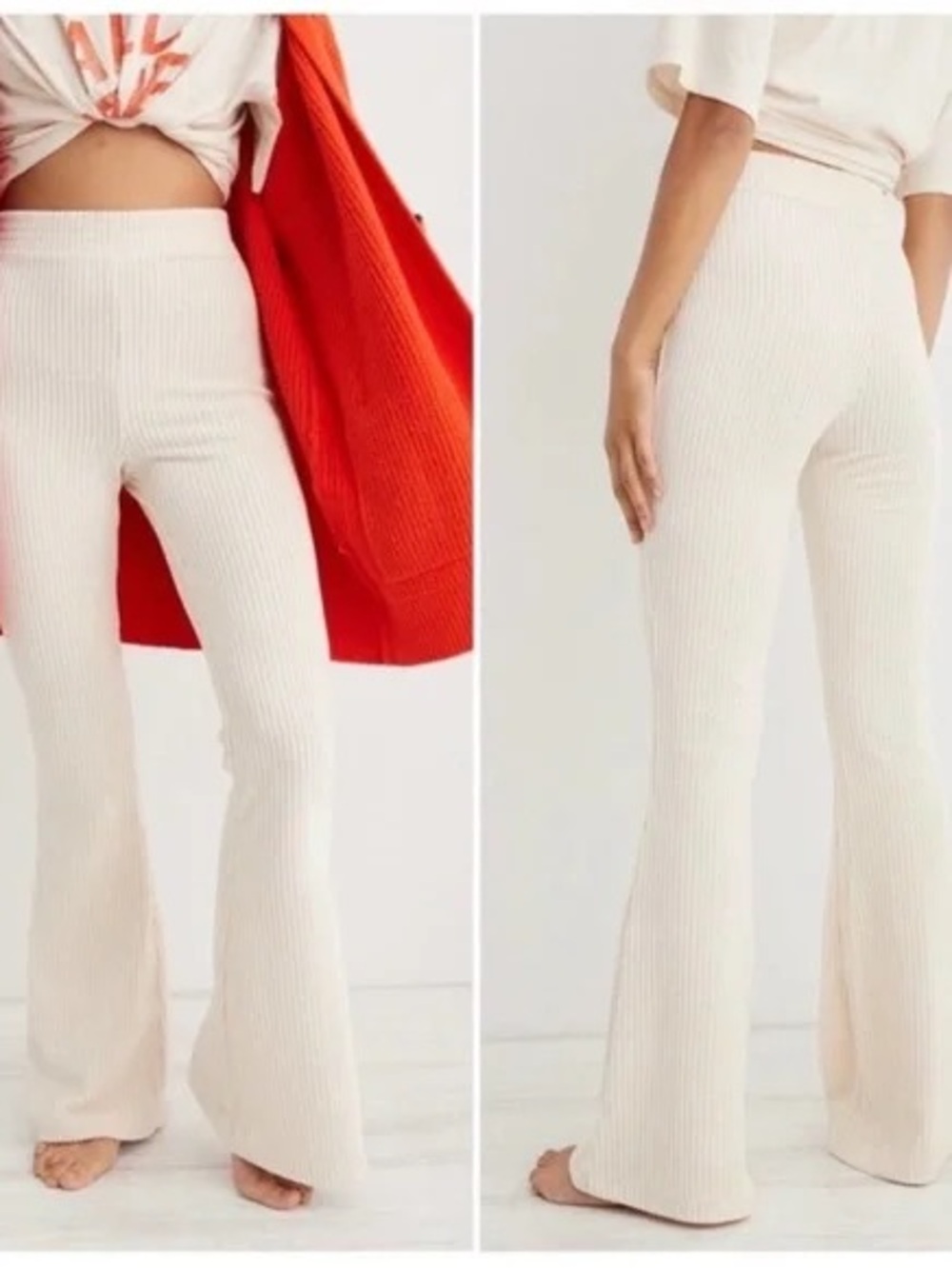 aerie White Corduroy Flare Pants
